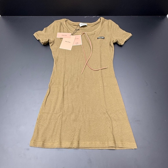 Miu Miu Dresses & Skirts - Miu Miu Tan Short Sleeve Knit Top with Logo Tag